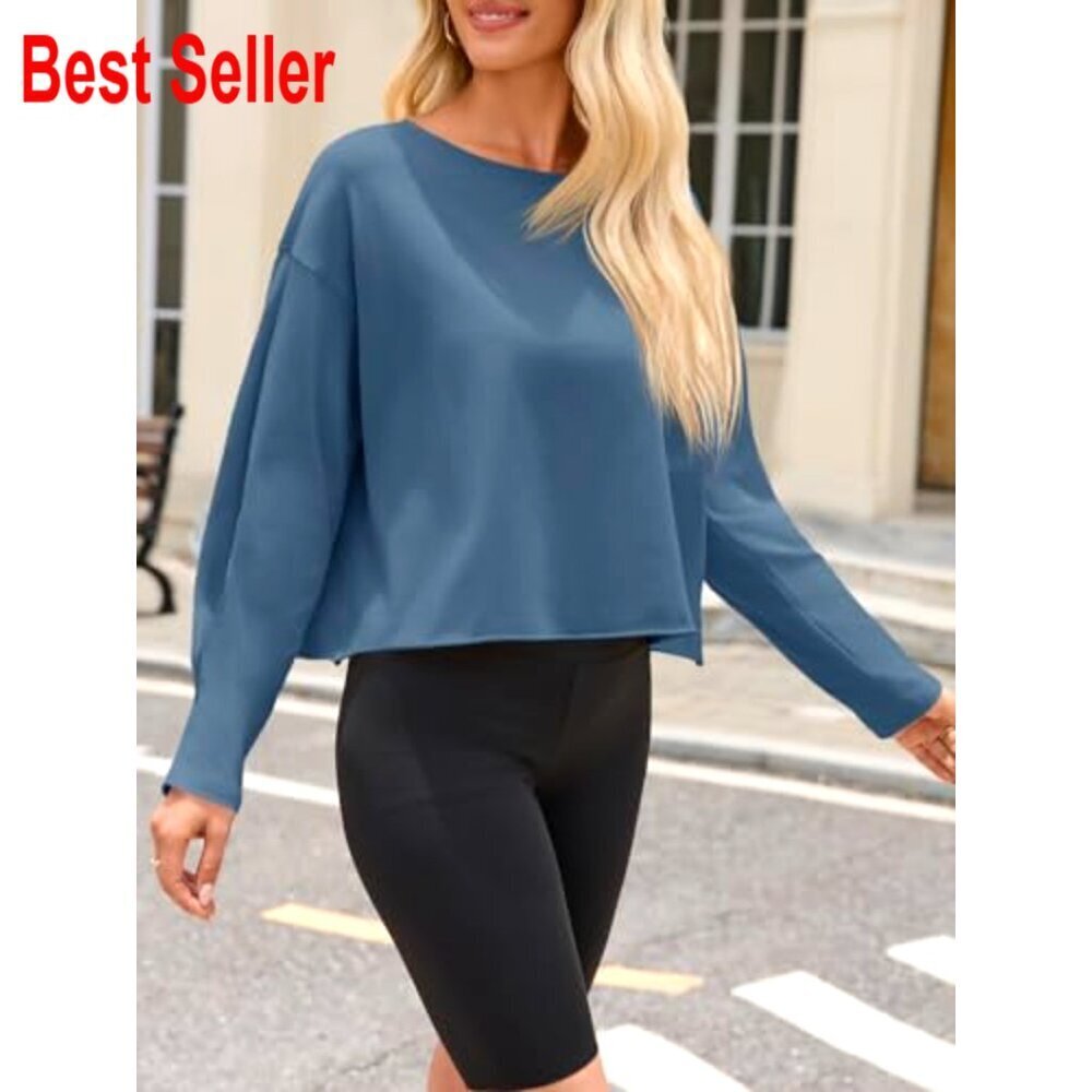 Long Sleeve Crop Top Loose Fit Crew Neck Athletic Workout Tee Shirt - Picture 4 of 7